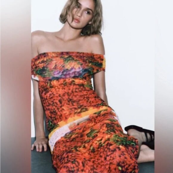 NWOT Zara Off-the-Shoulder Tulle Chili Print Maxi Dress - Picture 4 of 6
